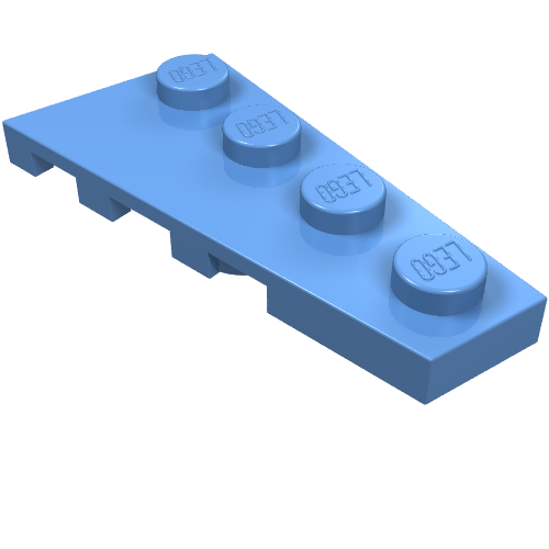 Light blue LEGO Wedge Plate 4x2 Right (part 41769) with four studs, angled on one side, and ribbed underside.