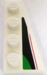 White LEGO Wedge Plate 4 x 2 Right, part 41769pb01, with a red, black, and green pattern on the angled side, from set 8898.