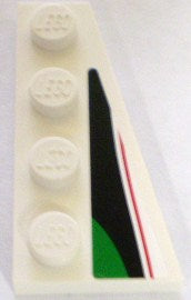 White LEGO Wedge Plate 4 x 2 Right, part 41769pb01, with a red, black, and green pattern on the angled side, from set 8898.