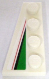 White LEGO Wedge, Plate 4 x 2 Left with a diagonal pattern: red line, black line, and a large green triangle.