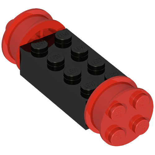 A LEGO 4180c02 assembly: a black 2x4 modified brick with red FreeStyle wheels and red pins on both ends.