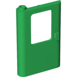 Green LEGO 4181 Door 1x4x5 Train Left, with a square cutout window and a thin vertical support on the right edge.