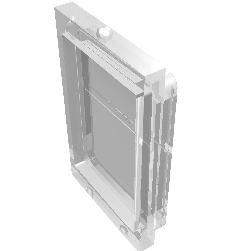 LEGO 4183 clear glass for train door, rectangular, with top and bottom lips, viewed from an angled perspective.