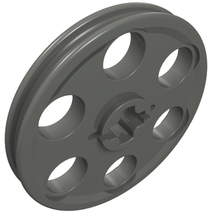 Dark gray LEGO Technic Wedge Belt Wheel (Pulley) with two grooves and six holes on a white background.