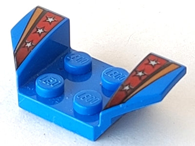 Blue LEGO 2x4 mudguard with flared wings. Wings have black, orange, red stripes and silver stars pattern.