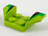 Lime green LEGO 2x4 mudguard with flared wings. Features black and red stripes and a green fade pattern on the wings.