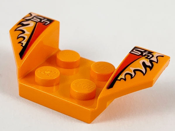 Orange LEGO Vehicle Mudguard 2x4 with Flared Wings, white '45', black/red stripes, and flames pattern.