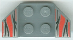A gray LEGO 2x4 mudguard with flared wings, featuring silver flame tips and red stripes pattern, viewed from above.