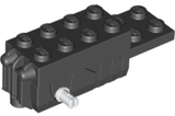A black LEGO 41861c01 pullback motor, 6x2x1 2/3, with a white axle (wheels holder pin) protruding from the front.