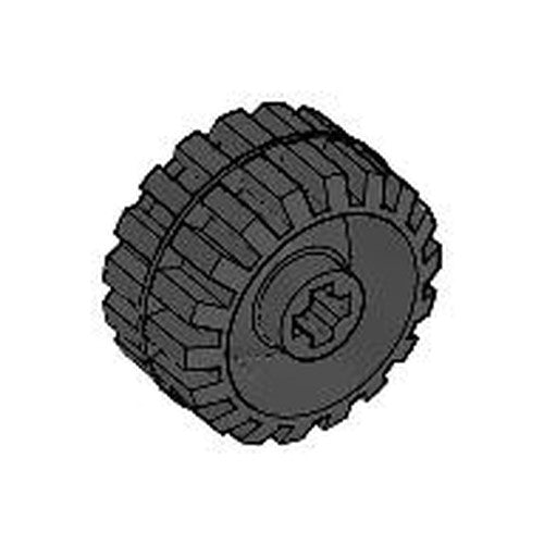LEGO 41864 small wide wheel with hard plastic tread, featuring a notched hole for a wheels holder pin.