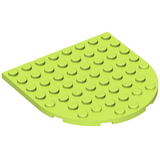 Lime green LEGO 8x8 plate with one rounded end and a right-angled corner, featuring studs on top.