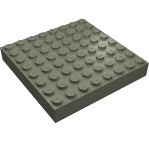 Grey 8x8 LEGO brick with 64 studs on top, angled view against a white background.