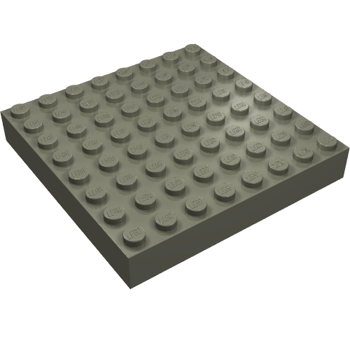 Grey 8x8 LEGO brick with 64 studs on top, angled view against a white background.