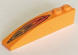Orange LEGO curved slope 6x1 with black and red flame pattern, part number 42022pb01.