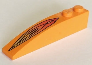 Orange LEGO curved slope 6x1 with black and red flame pattern, part number 42022pb01.