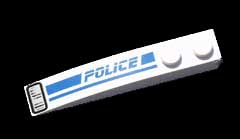 White LEGO Slope, Curved 6 x 1 with blue POLICE text, blue line, and headlight pattern on the left side.