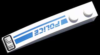 White LEGO Slope, Curved 6 x 1 with blue 'POLICE' text, blue line, and black and white headlight pattern on the right side.