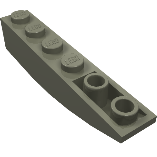 Dark grey LEGO Slope, Curved 6 x 1 Inverted brick with four studs and two visible anti-stud tubes.