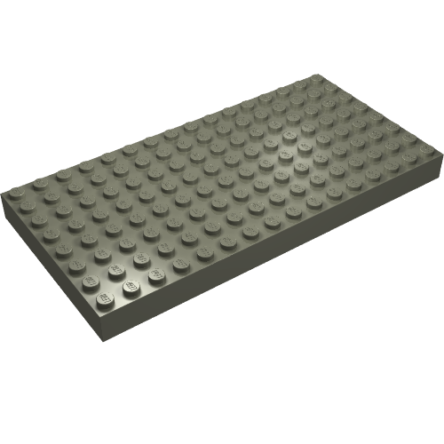 Grey LEGO 8x16 brick (part 4204) with studs on top, shown from an elevated angle on a white background.