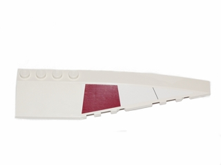 White LEGO Wedge 12x3 Right piece with dark red trapezoid and black line sticker pattern.
