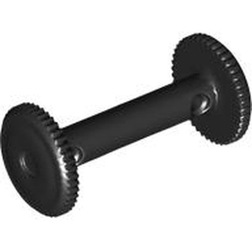 Black LEGO 4208 String Reel 2 x 4 x 2 Drum with a central bar and two ridged, circular disks on each end.