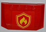 Red LEGO wedge 4x6x2/3 triple curved brick with yellow fire logo badge sticker on front.