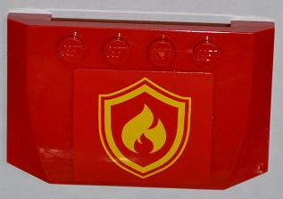 Red LEGO wedge 4x6x2/3 triple curved brick with yellow fire logo badge sticker on front.