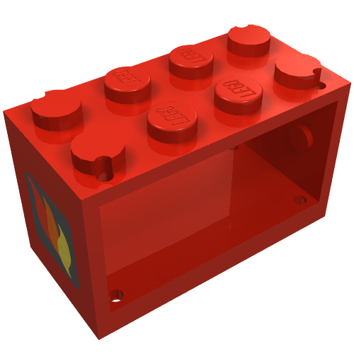 Red LEGO String Reel 2x4x2 Holder brick with 6 studs, classic fire logo, and open interior.