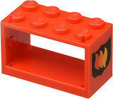 Orange LEGO 4209p02 string reel 2x4x2 holder with eight studs and fire logo badge pattern on both ends.