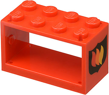 Orange LEGO 4209p02 string reel 2x4x2 holder with eight studs and fire logo badge pattern on both ends.