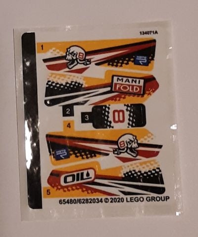 LEGO 42101 sticker sheet, part 65480, with five main stickers featuring skulls with '8', 'MANIFOLD', 'OIL', and '00' designs.