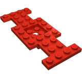 Red LEGO 4x10 vehicle base plate with a 2x2 recessed center and a single central hole.