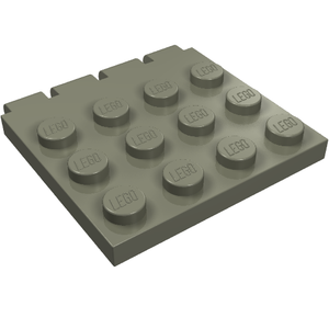 Grey LEGO 4x4 plate part with 12 visible studs, each embossed with 'LEGO', and a distinctive ribbed edge along one side.