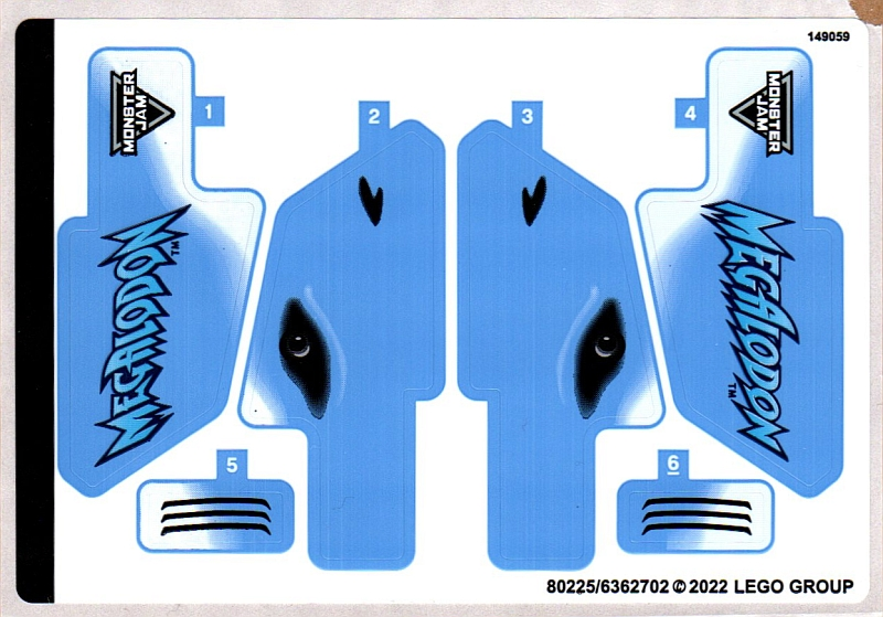 Light blue LEGO 42134 Monster Jam Megalodon sticker sheet with shark eyes, fin details, grilles, and text logos.