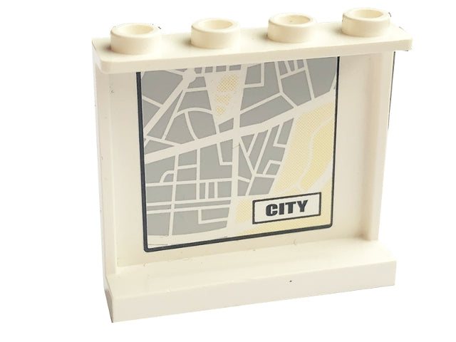 White LEGO panel 1x4x3 with hollow studs, featuring a grey and yellow city map street pattern and 'CITY' text.