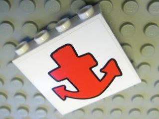 Close-up of a white LEGO Panel 1 x 4 x 3 with hollow studs and a red anchor pattern sticker, on a grey baseplate.