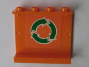 Orange LEGO 1x4x3 panel with four hollow studs on top, featuring a green and white recycling arrow symbol on its face.