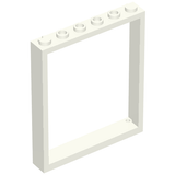 White LEGO Window 1x6x6 Flat Front part. Rectangular frame with studs on the top bar and two connection points on the bottom.