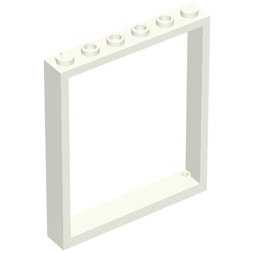 White LEGO Window 1x6x6 Flat Front part. Rectangular frame with studs on the top bar and two connection points on the bottom.