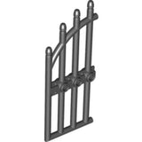 Dark gray LEGO 42448 arched gate with four vertical bars, rounded tops, an angled top bar, and three attachment studs.