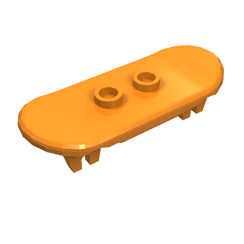 An orange LEGO minifigure skateboard deck (part 42511) viewed at an angle, showing two studs on top and small fins underneath.