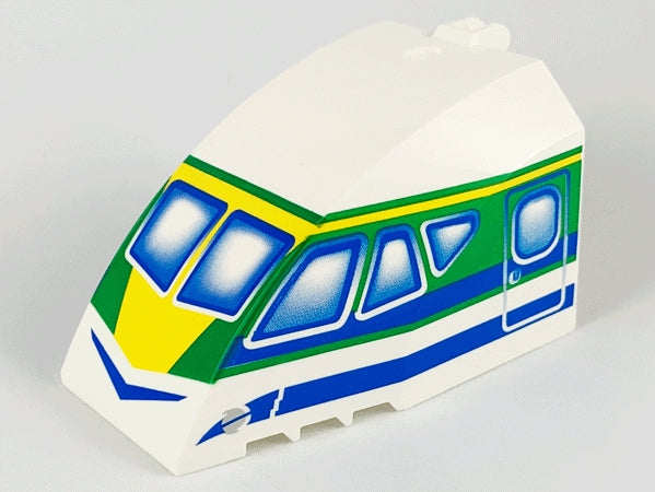 White LEGO 42602pb01 windscreen, 8x6x4 canopy with hinge, featuring blue, green, and yellow airliner cockpit/train front pattern.