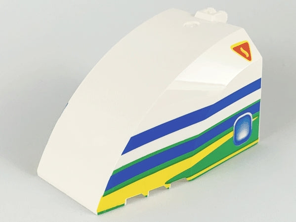 White LEGO 42602pb02 windscreen, 8x6x4, with hinge, featuring blue/green/yellow airliner stripes, red warning symbol, and blue window.