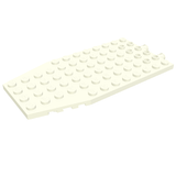 White LEGO Wedge Plate 6x12 with studs, a sloped edge, and cut corners.