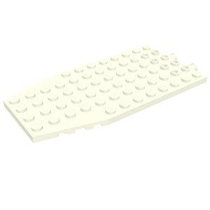 White LEGO Wedge Plate 6x12 with studs, a sloped edge, and cut corners.