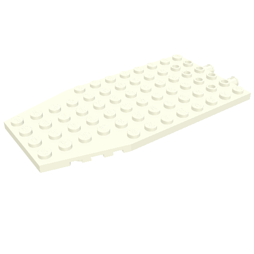 White LEGO Wedge Plate 6x12 with studs, a sloped edge, and cut corners.
