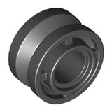 Light Bluish Gray LEGO wheel, 11mm D. x 8mm, with a center groove and 4 internal spokes. Angled view.