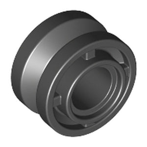 Light Bluish Gray LEGO wheel, 11mm D. x 8mm, with a center groove and 4 internal spokes. Angled view.