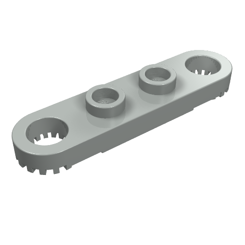 Light grey LEGO Technic Plate 1x4 with four pinholes, featuring toothed ends and internal teeth on the two outer holes.