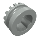Light grey LEGO Technic Bush 1/2, toothed on one end with two interior ridges, viewed at an angle.